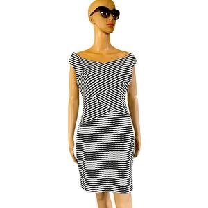 Guess Bodycon Midi Dress 8 Stripes Off The Shoulder Bandage Textured Black White